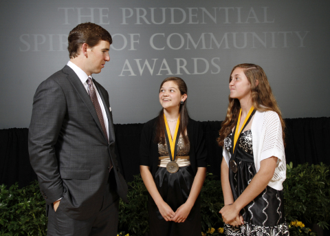2012, Christine and Eli Manning New York Giants quarterback and 2012 Super Bowl MVP Eli Manning congratulates Emma Rider, 14, of Bridgeville (center) and Christine McNeill, 14, of Wilmington (right) on being named Delaware's top two youth volunteers for 2012 by The Prudential Spirit of Community Awards.